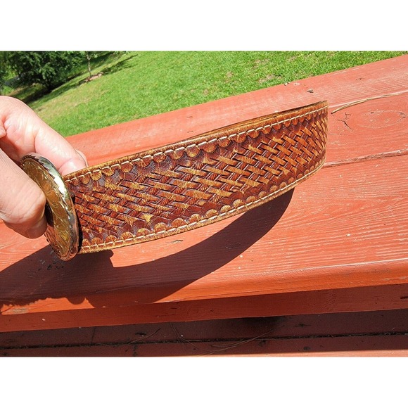 Vintage Kirkpatrick Brown Basket Weave Leather Belt Size 34, Buckle, Shooting - Picture 3 of 12